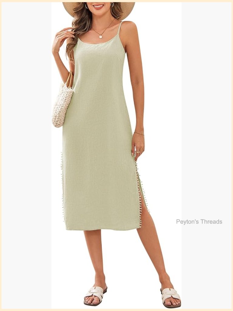 Pure Linen Cute Midi Dress Sleeveless Spaghetti Strap Side Slit Tassel Decor